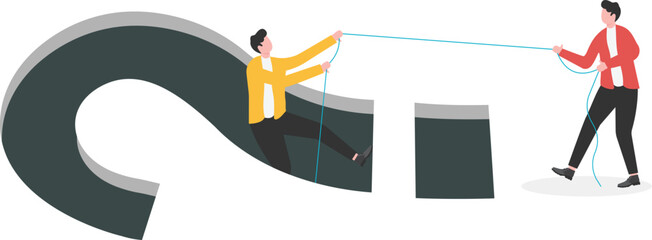 The businessman pulls the companion out of the abyss of the question mark and helps the companion solve the problem


