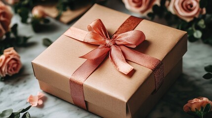 Elegant present wrapped with a pink ribbon lying on a table