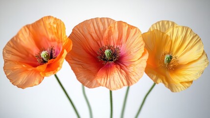 Obraz premium Three colorful poppies blooming on white background