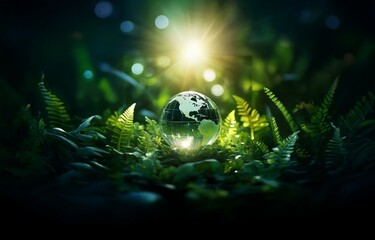 A glass globe sits on a bed of lush green foliage with a bright light emanating from behind.