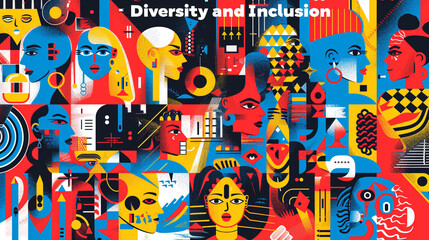A colorful poster with diverse, interconnected geometric patterns and figures, showcasing unity and collaboration, with the words "Diversity and Inclusion" in bold, modern font at the top.