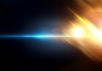 A blue light streak bisects a dark background with a golden glow on the right side.
