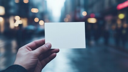 hand holding blank white business card mockup on city street background