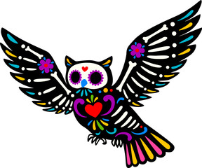 Dead Halloween skeleton, Mexican day of the dead owl bird animal tattoo. Vector flying owl sugar skull with outstretched wings, heart and bones symbolizing remembrance and cycle of life and death