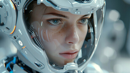 Fototapeta premium Close up of futuristic figure wearing advanced helmet with transparent visors and intricate technological details