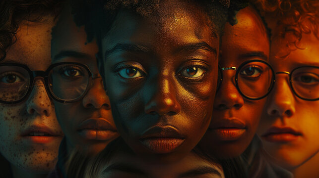 A dynamic poster featuring a collage of faces representing various ethnicities and backgrounds, with "DEIB" prominently displayed - Powered by Adobe