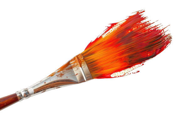 Paintbrush with red and orange paint stroke isolated on transparent background. Studio shot for design and print.