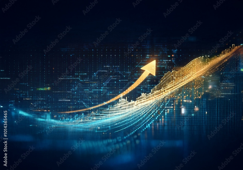 Poster an abstract image depicting a golden arrow pointing upward on a blue background with a grid of data 