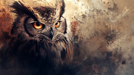 A close-up portrait of an owl with piercing yellow eyes against a watercolor background.