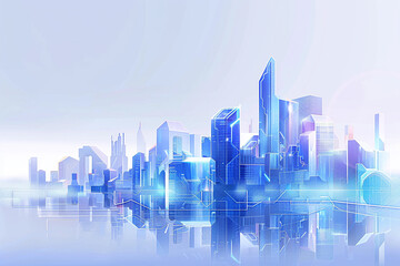 Fototapeta premium A visually captivating digital cityscape with blue-white gradient skyscrapers linked by glowing abstract lines, representing innovation and smart technology. Great for marketing and design projects