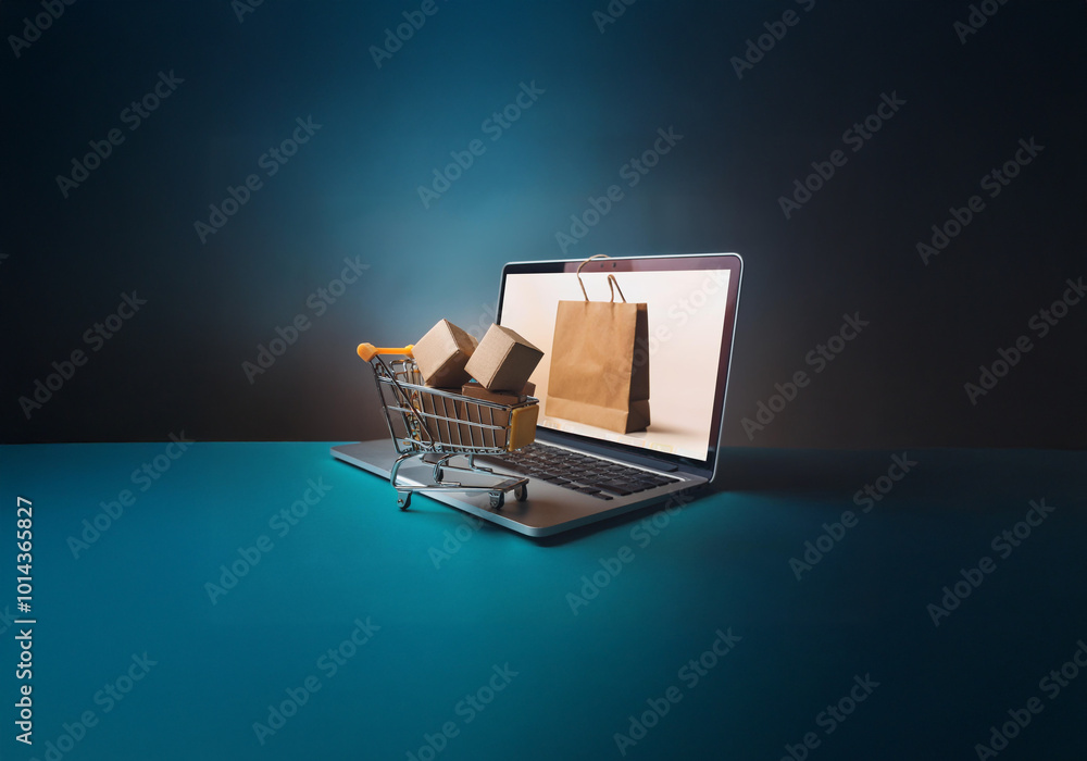 Poster a miniature shopping cart filled with cardboard boxes sits on a laptop keyboard. a paper bag is visi