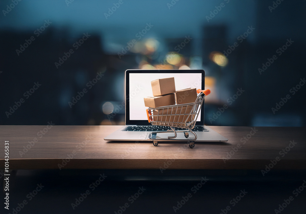 Poster a miniature shopping cart filled with cardboard boxes sits in front of an open laptop on a wooden ta