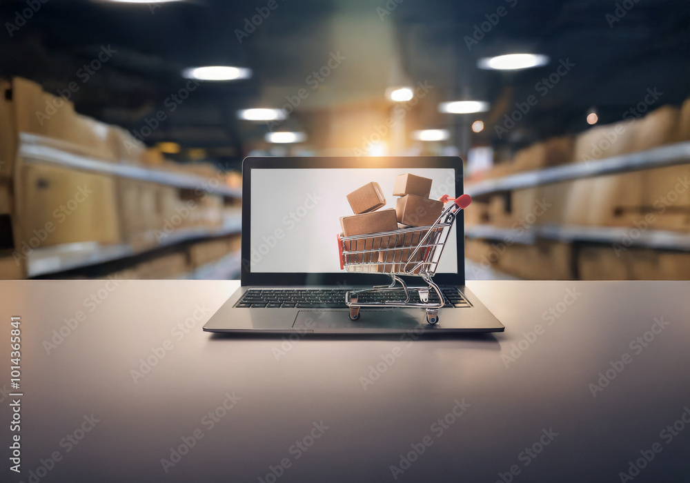Poster a miniature shopping cart filled with cardboard boxes sits on a laptop keyboard.