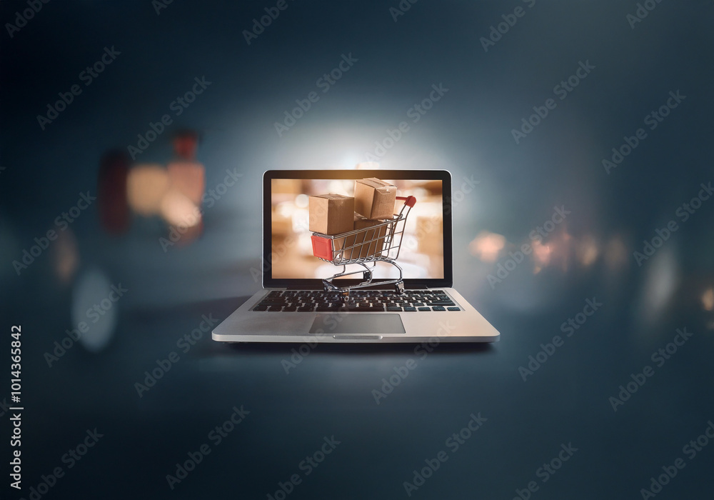Poster a laptop with a shopping cart filled with cardboard boxes on the screen.