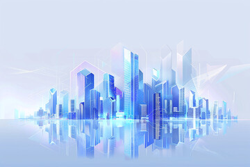 Fototapeta premium A visually captivating digital cityscape with blue-white gradient skyscrapers linked by glowing abstract lines, representing innovation and smart technology. Great for marketing and design projects