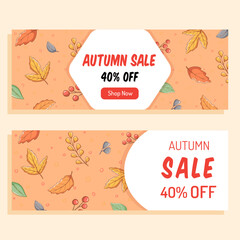 autumn sale banner with oak leaf and mushroom illustration