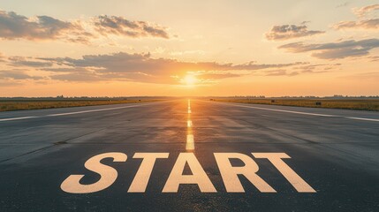 A wide road with the word "START" painted on it, stretching towards a vibrant sunset, symbolizing new beginnings and opportunities. © Whitecatz