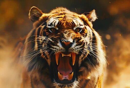 Close-up of a roaring tiger showcasing its fierce gaze.