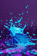 Bright cyan paint splattering on a dark purple surface, the contrast between colors creating a dramatic visual effect.