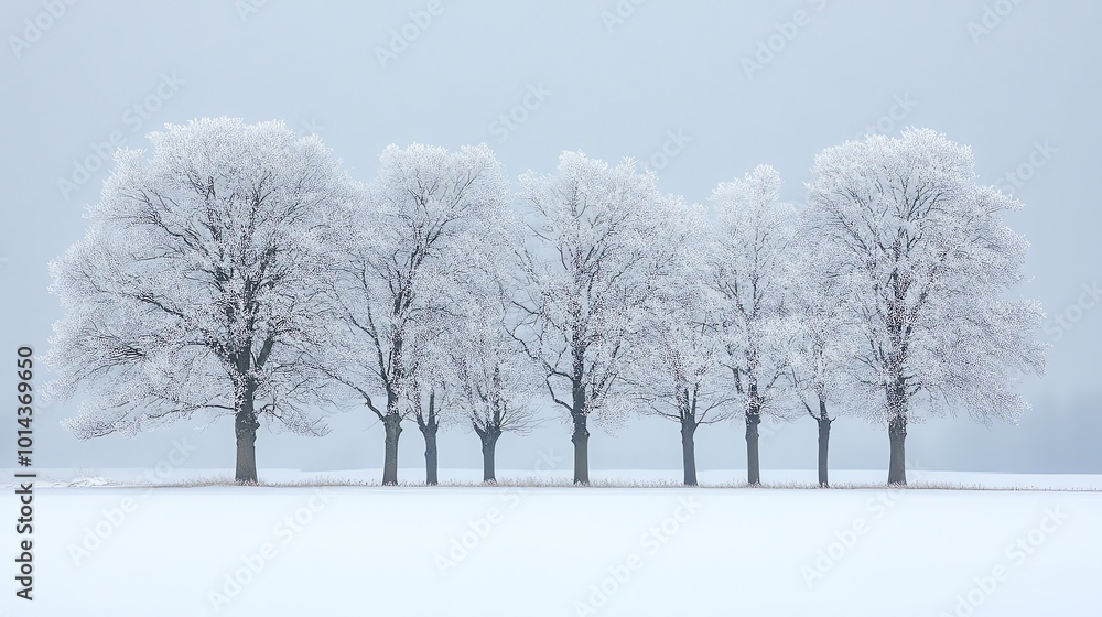 Poster Seven bare trees covered in frost stand in a snowy field against a gray sky.