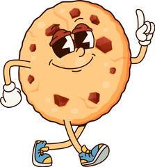 Groovy cookie bakery character. Cartoon pastry personage with smart lively expression and retro sneakers cheerfully strolling with finger pointing up. Isolated vector round cookie with chocolate chips