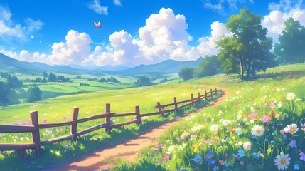 Fototapeta premium Anime-style summer meadow landscape wildflowers in various colors, butterflies fluttering. Blue sky with fluffy white clouds.