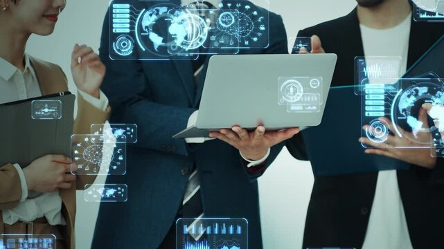 Group of business people meeting in office with digital technology concept