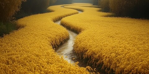 A winding river flowing through a field of golden wheat, the sun casting a soft glow on the landscape