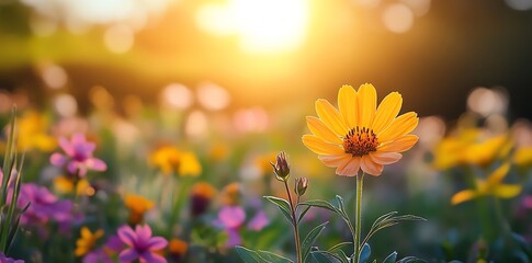 Single yellow flower with blurred background in sunset light.