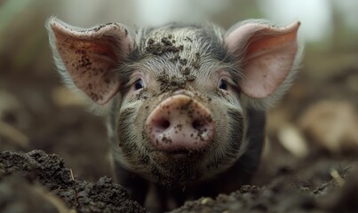 Muddy piglet looks up from dirt.