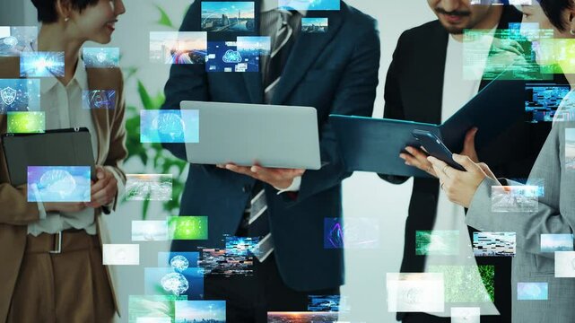 Group of business people meeting in office and video content concept