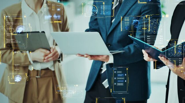 Group of business people meeting in office with digital technology concept - Powered by Adobe