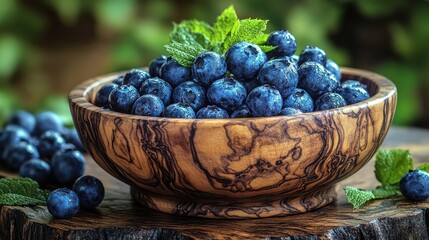 A wooden bowl filled with plump blueberries, showcasing their deep blue hue and glistening surface, resting on a rustic wooden tabletop, surrounded by vibrant green foliage
