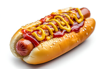 Delicious hot dog with ketchup and mustard, isolated on white background