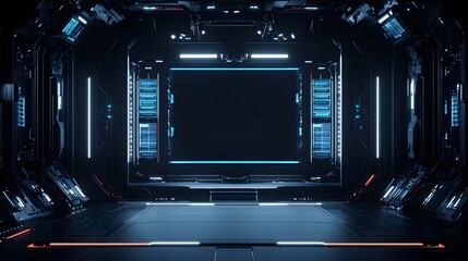 Obraz premium Abstract style on black background. Blank display, stage or podium for show product in futuristic cyberpunk style. Technology demonstration. Futuristic circle 3D lab stage with HUD elements for UI,GUI