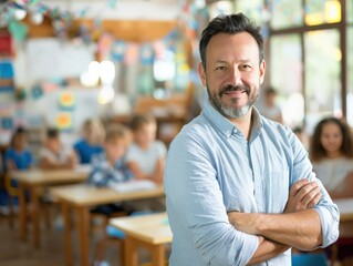 Fototapeta premium A man is posing for a picture in front of a classroom, generative ai image