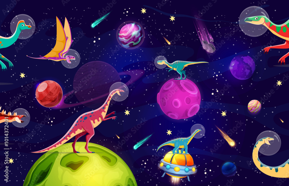 Poster cartoon dinosaur astronauts in outer space or funny prehistoric lizard spaceman, vector characters. 