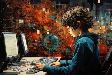 Harmony between humanity and technology  man, machines, and nature coexisting in balance