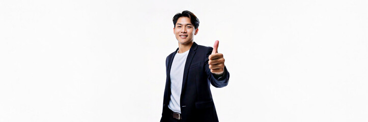 A East Asian man in a black suit jacket and white T-shirt is giving a thumbs up against a white background.