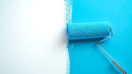 Obraz premium Painting a wall blue with paint roller creating two tone background