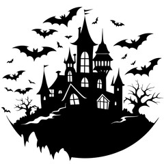 Haunted town with bats and fog