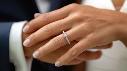 Celebrating love's elegance with a close-up of a wedding ring on a joyful couple's intertwined hands. Generative AI