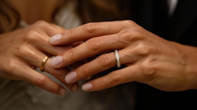 A close-up moment of love as a couple exchanges wedding rings during a heartfelt ceremony at sunset. Generative AI