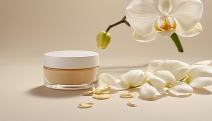 A beauty product bottle, framed by delicate white orchids, representing fresh, organic, and nature-inspired cosmetics in a serene setting