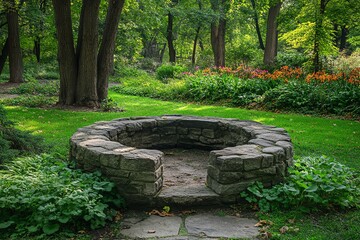 Stone bench in a green forest with foliage and a path.