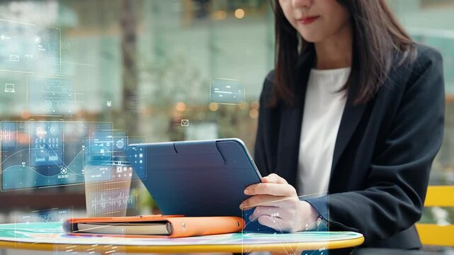 Digital technology concept with woman using tablet in city