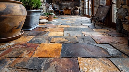 Naklejka premium A picturesque pathway designed with vibrant slate tiles, leading to a rustic stone home filled with charm. Generative AI