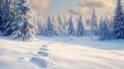 Obraz premium Snowy forest with footprints and winter sunlight, serene nature concept