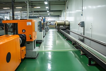 Obraz premium Thermal insulation sandwich panel production line. Machine tools, roller conveyor and overhead crane in workshop.