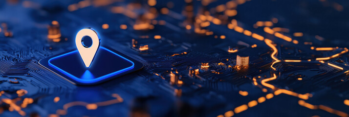 Digital map displaying location pin on circuit board background, showcasing technology